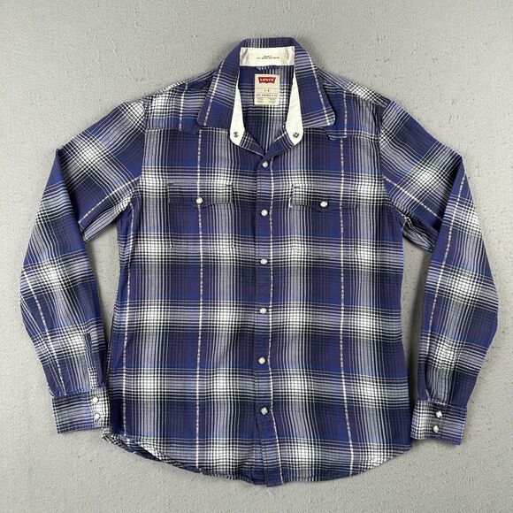 Levi’s Pearl Snap Shirt Men’s Large Blue Plaid‎ Modern Fit Collared Long Sleeve - Picture 1 of 16